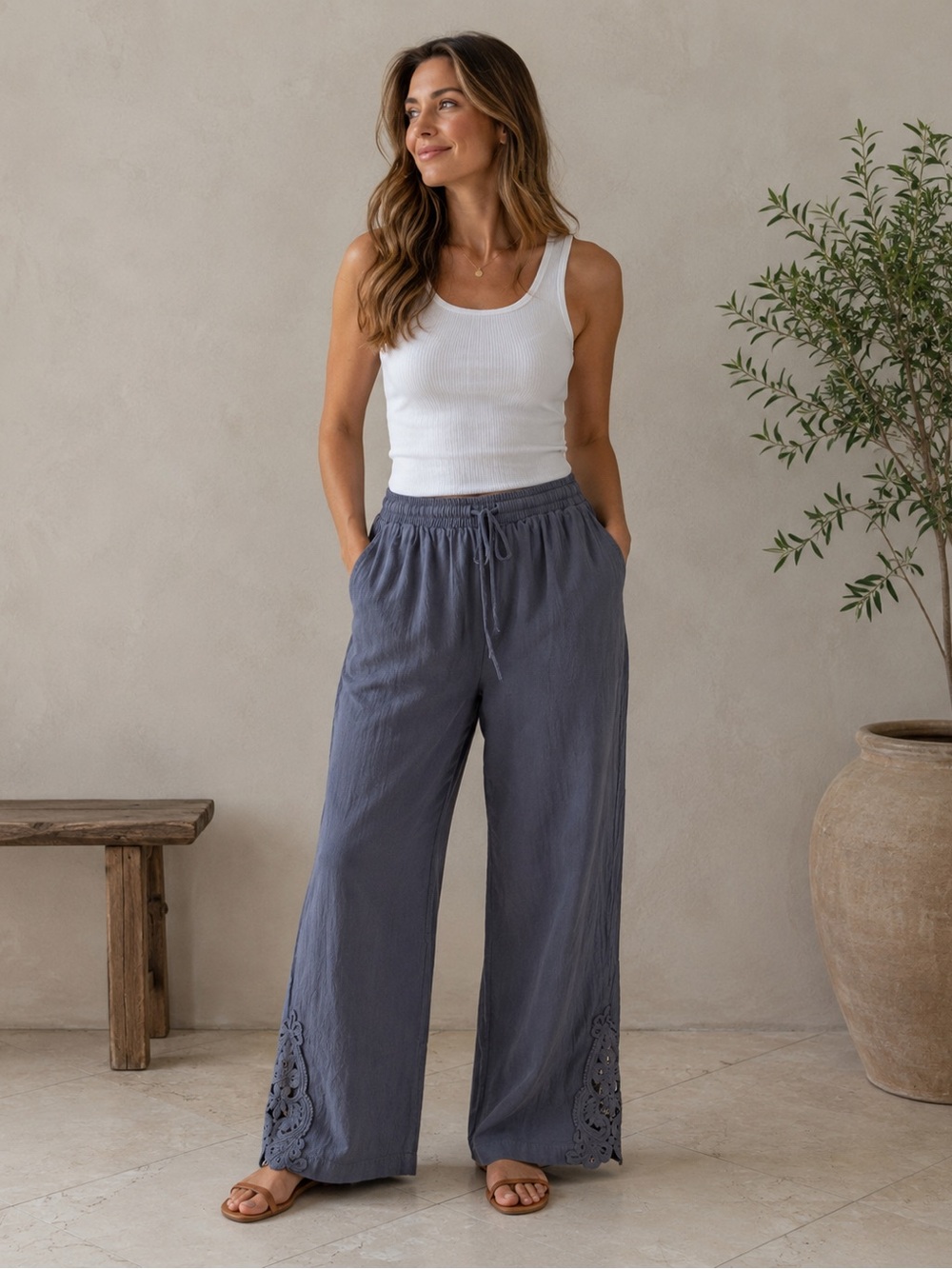 Wide-Leg Drawstring Pants in Slate Blue